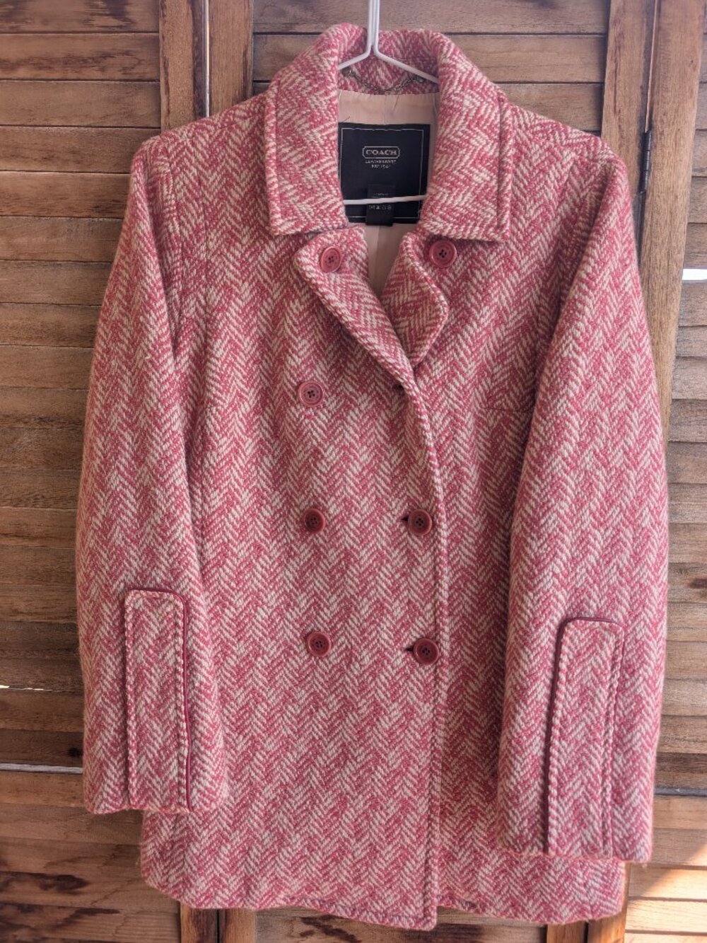 Vintage Coach Pink/White Wool Mohair Herringbone Mid-Length Pea Coat - Size 8